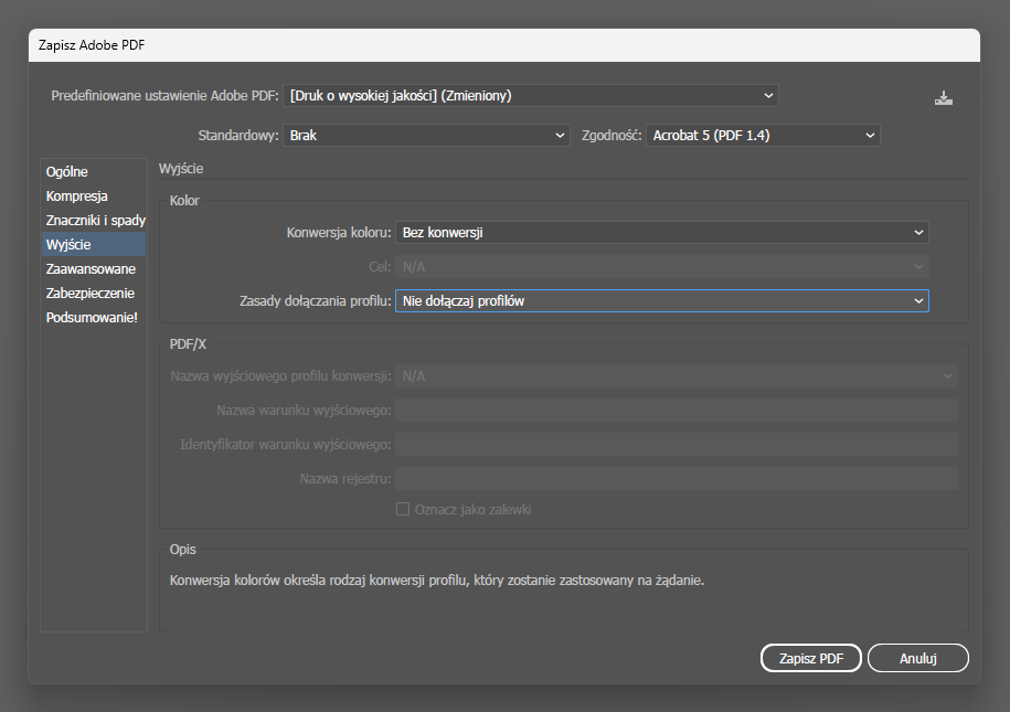 Zapis projektu z kolorem dodatkowym do pliku pdf