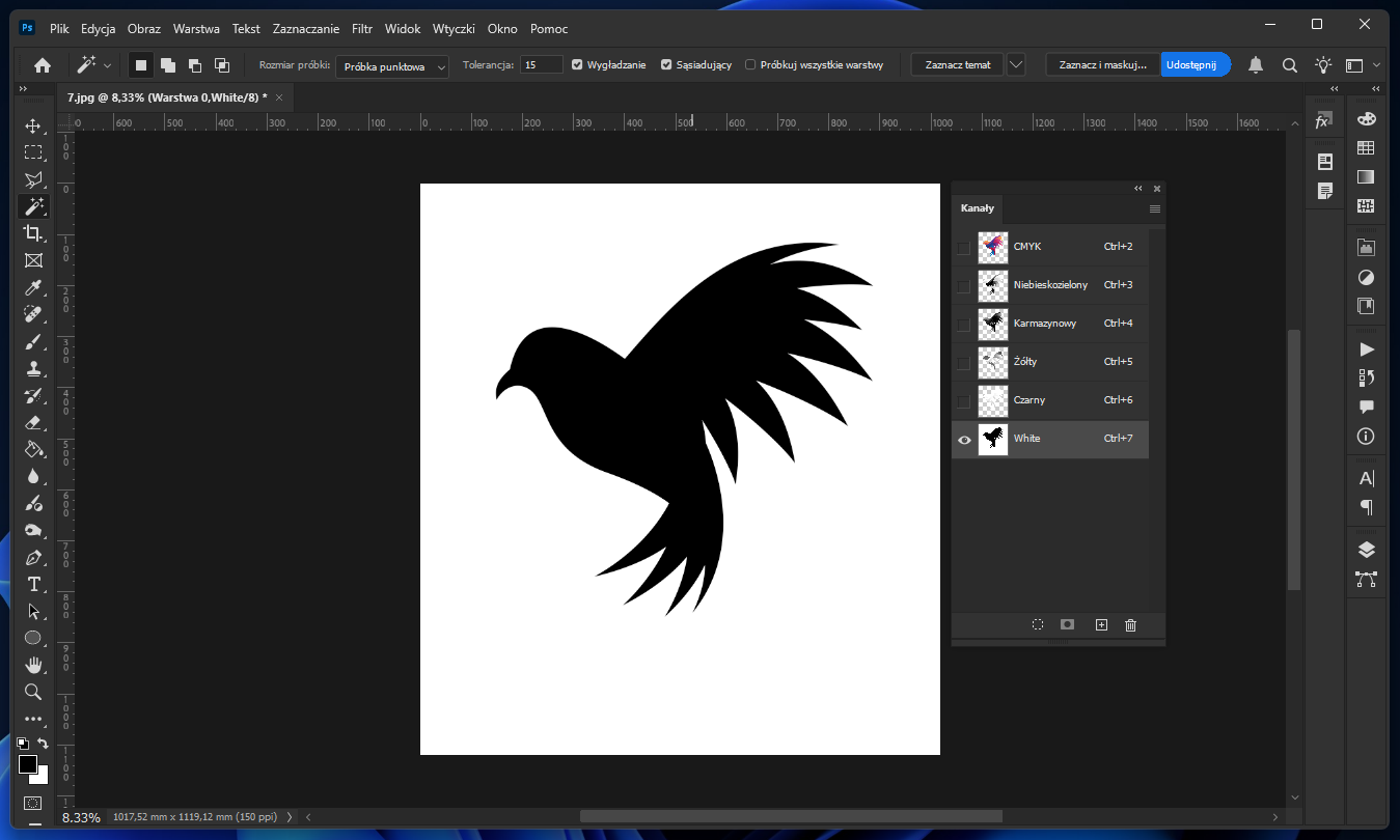 Kontrola poprawności przygotowania pliku z kolorem białym w Photoshopie